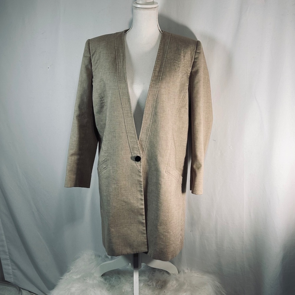 Kasper for ASL Vintage Oatmeal Beige Linen‎ Blend Longline Blazer Jacket Size 14